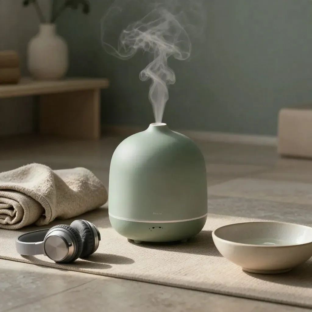 Angolo domestico per respirazione guidata con diffusore, cuffie, coperta e tappetino in lino