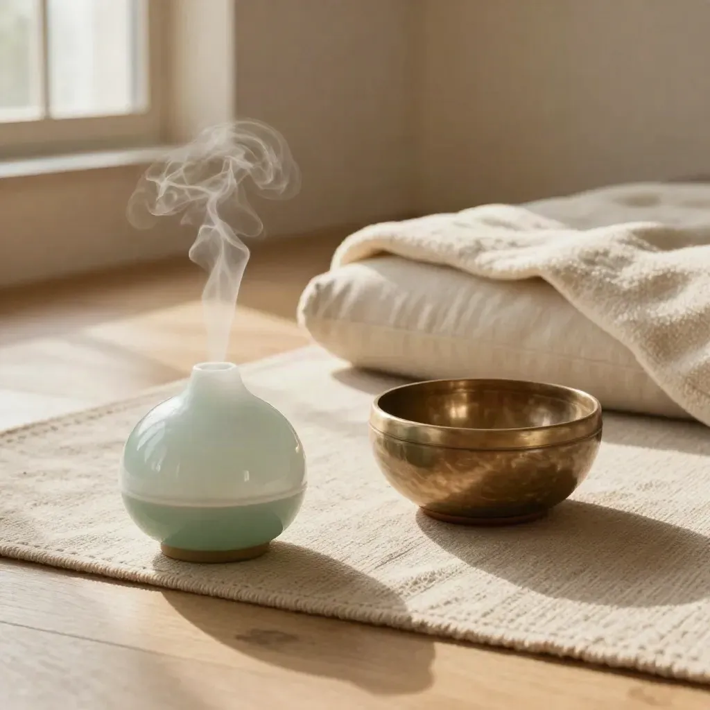 Angolo per respiro guidato con diffusore, ciotola sonora, coperta e luce calda.