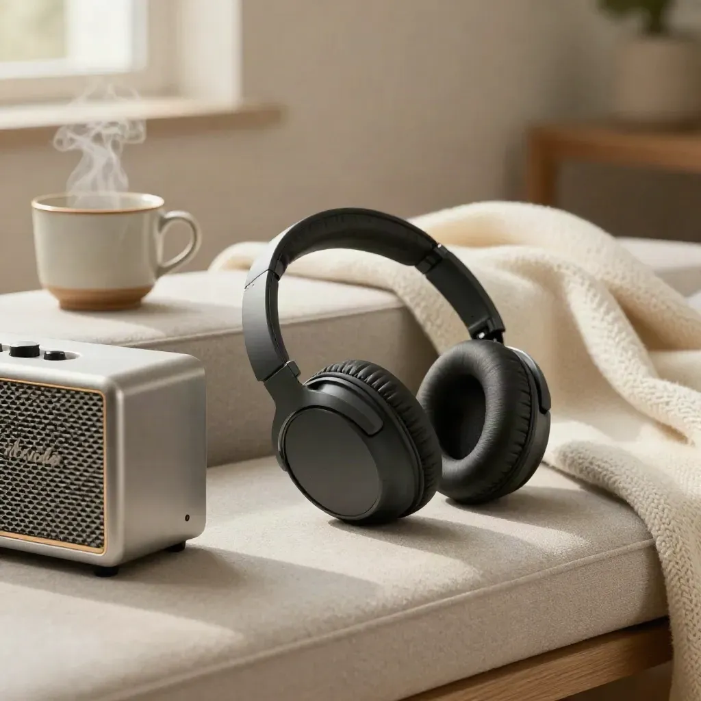 Cuffie, speaker, coperta morbida e tazza fumante su una panca imbottita in luce calda.