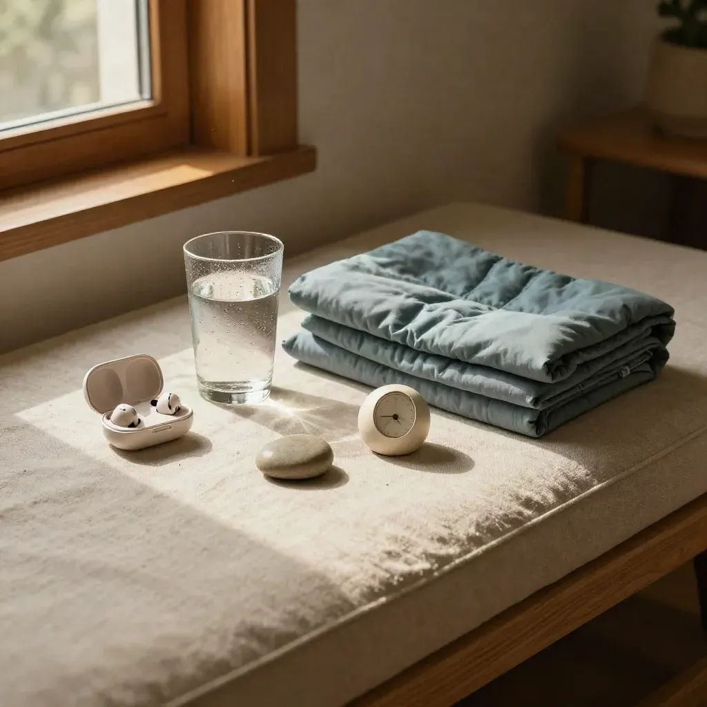 Kit di calma con timer, acqua, auricolari e coperta su una finestra tranquilla