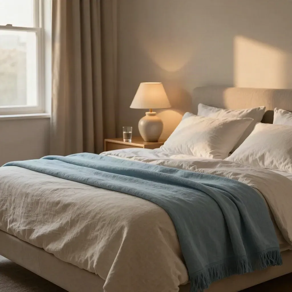 Camera da letto serale pronta per una notte più calma, con lampada e bicchiere d’acqua.