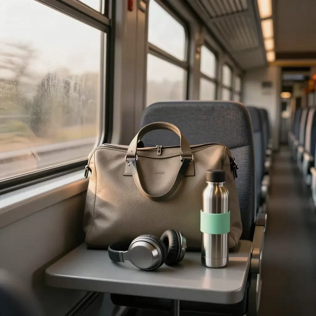 Sedile vuoto in treno con borsa, cuffie e borraccia, vetro appannato in movimento.