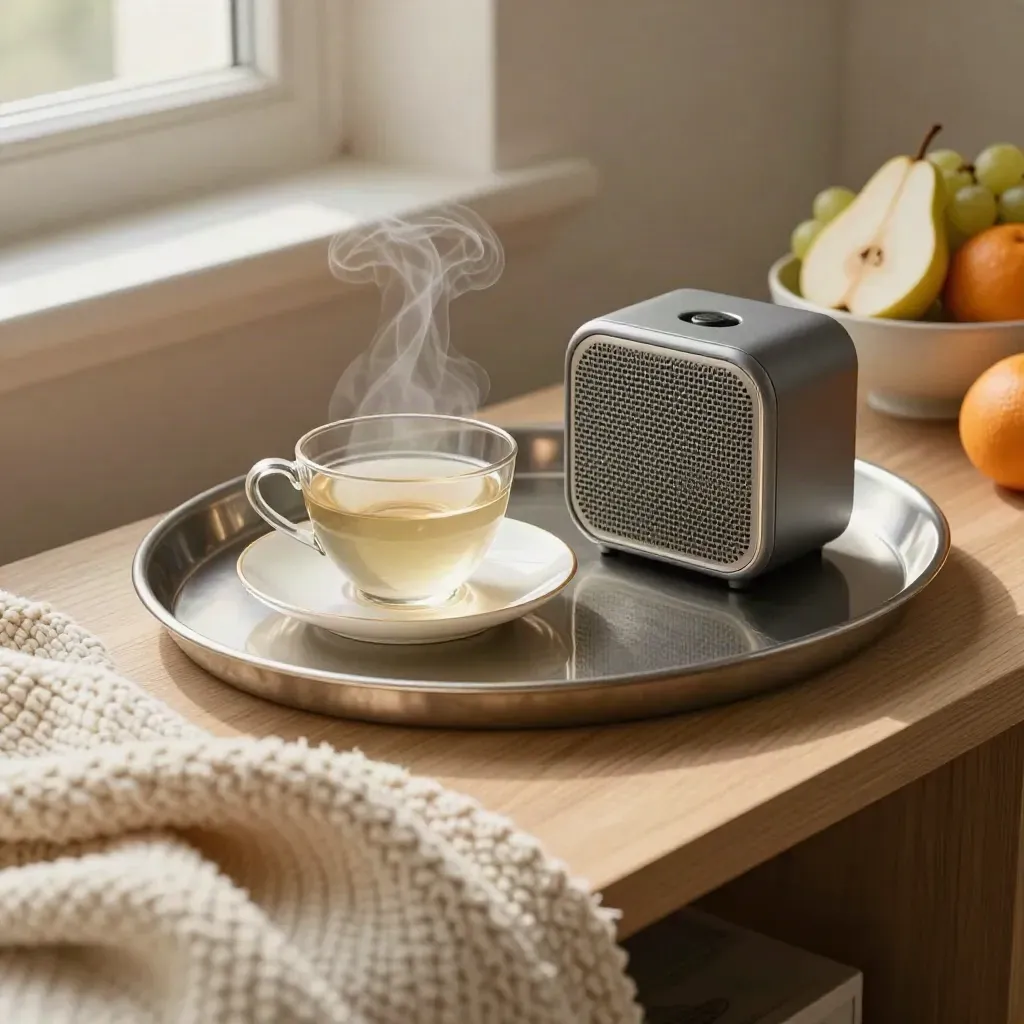 Vassoio mattutino con tè fumante, coperta piegata, speaker compatto e ciotola di frutta.