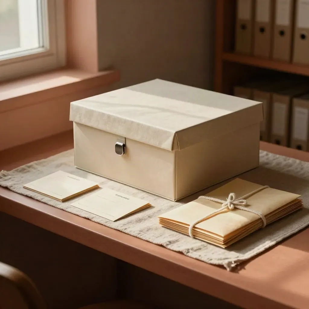 Archivio analogico con scatola, cartoncini faccia in giù e busta sigillata su lino