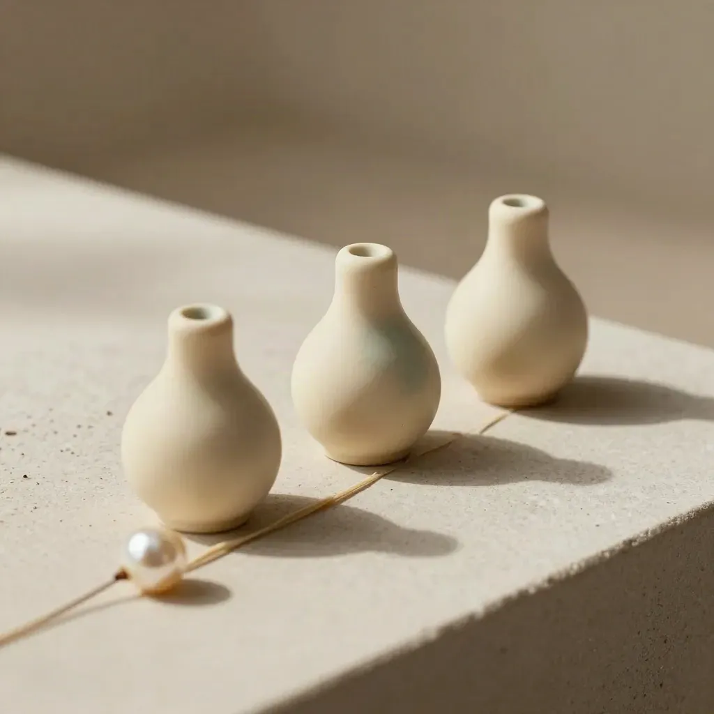 Gettoni ceramici, auricolari e scheda piegata su mensola opaca, luce soffice laterale
