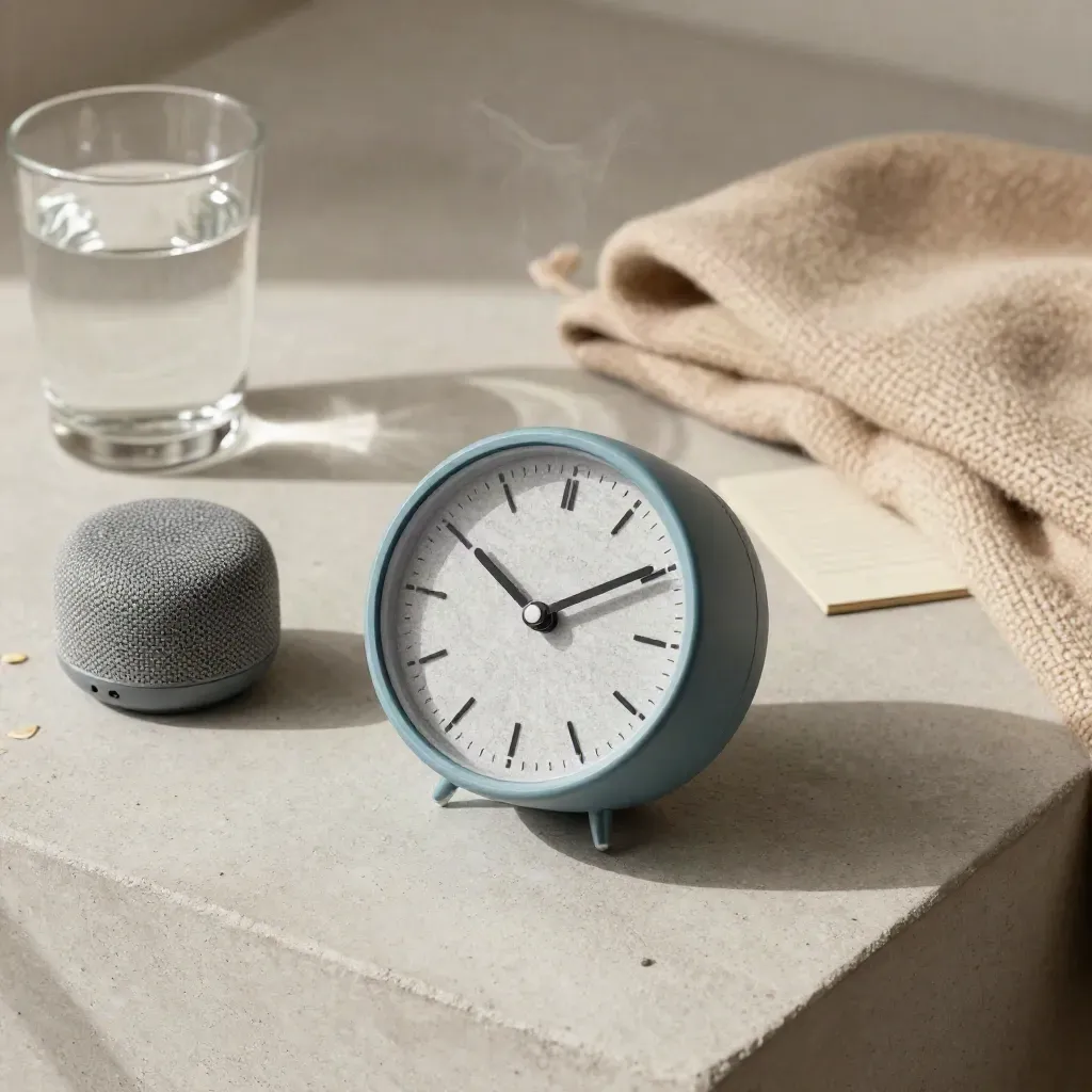 Timer, speaker, bicchiere d’acqua e coperta piegata su fondo chiaro