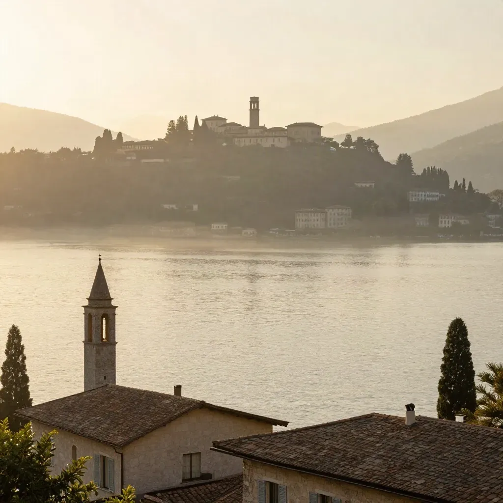 Campanile e ville sul Lago di Como, avvolti dalla foschia dorata del mattino