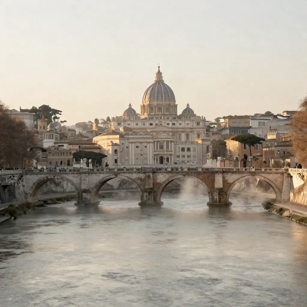 Skyline di Roma in travertino con cupola alta e fiume velato, luce dell’alba