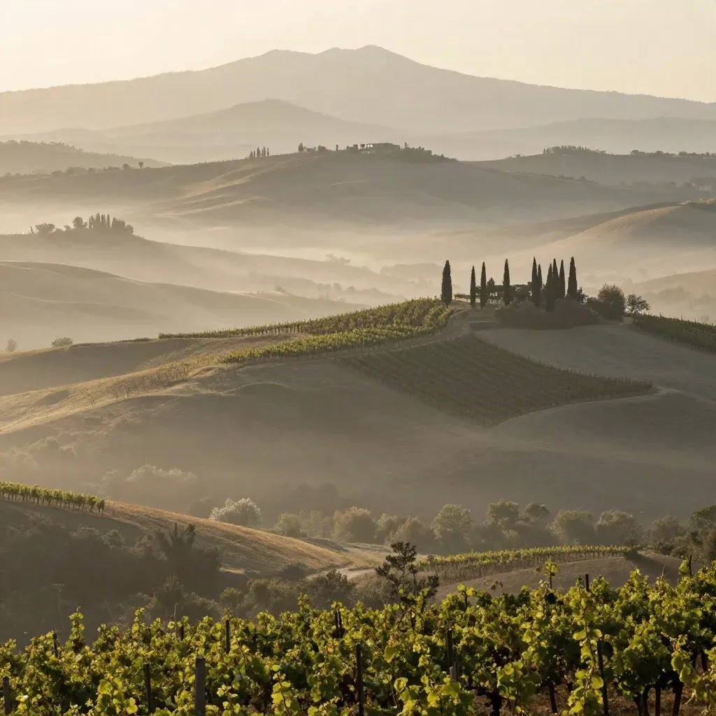 Colline del Piemonte avvolte nella nebbia, con le Alpi sfumate sul fondo