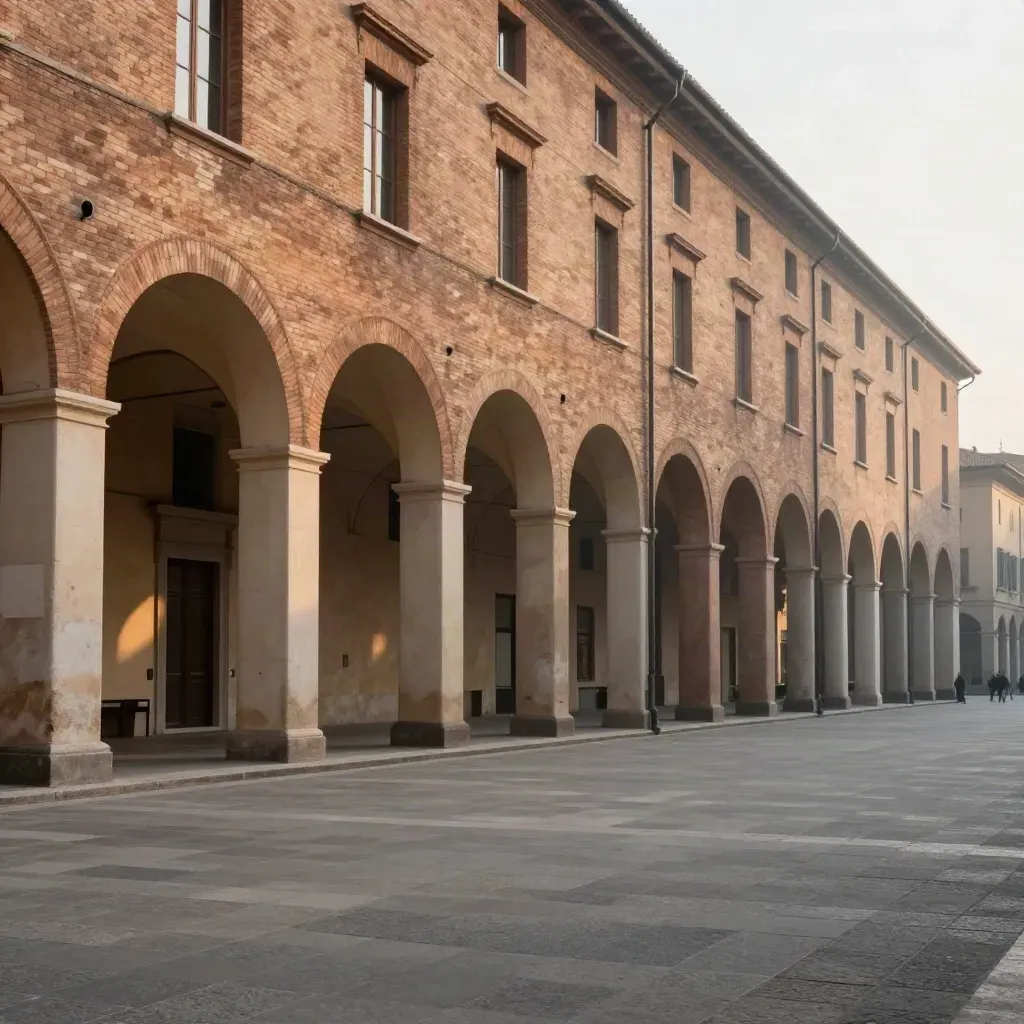 Portici di Bologna all’alba, mattoni caldi e spazio morbido per il testo